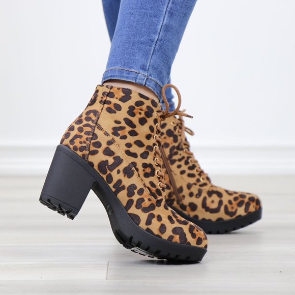 Lace-Up Lug Chunky Block High Heel Ankle Boots Leopard Faux Suede - Picture 5 of 12